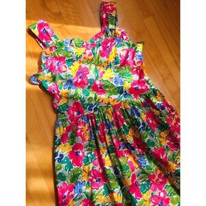 Vintage tropical cotton floral sleeveless midi dress, ruffle sweetheart neckline